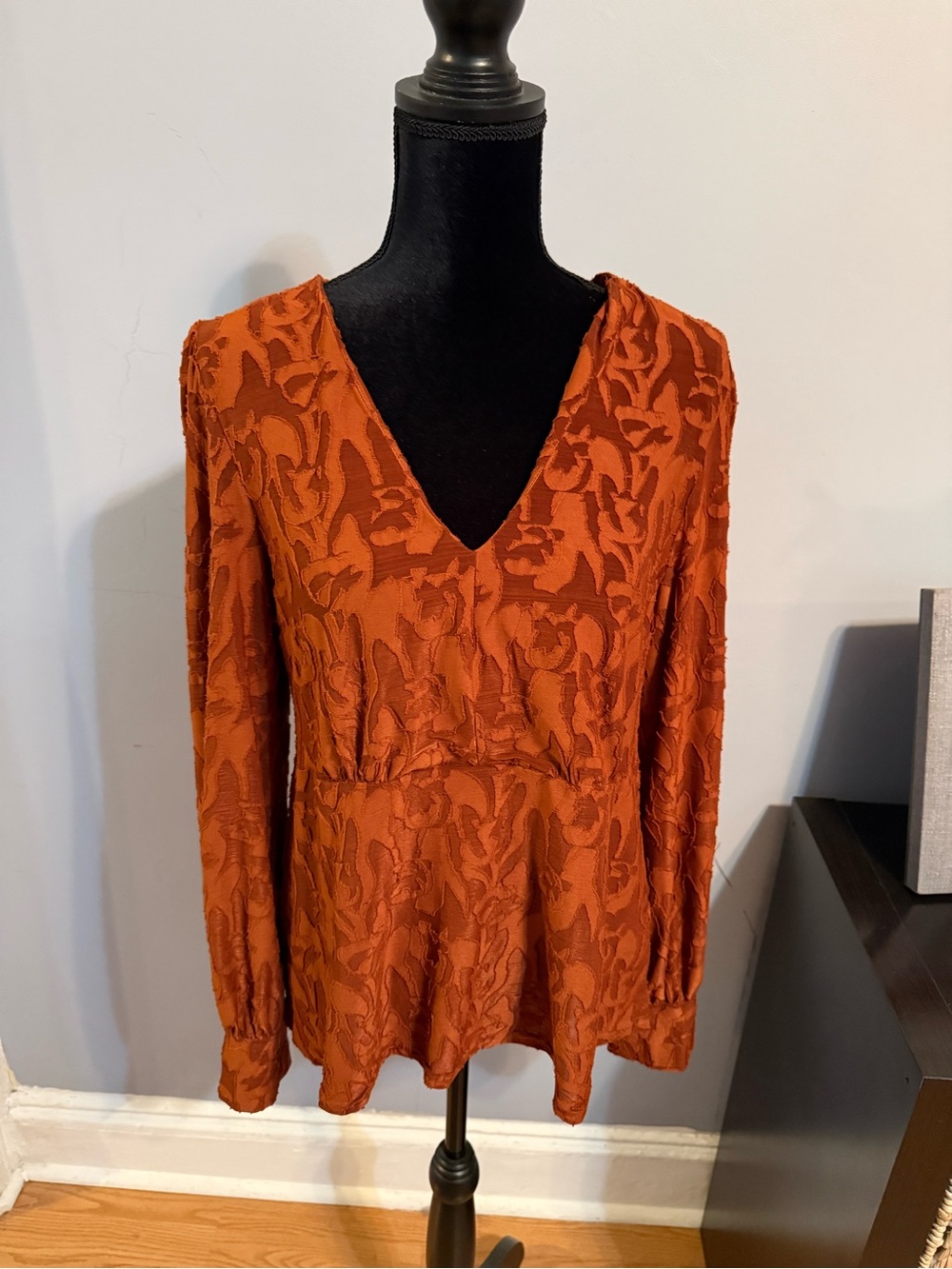 Anthropologie Rust Textured V-Neck Long Sleeve Blouse